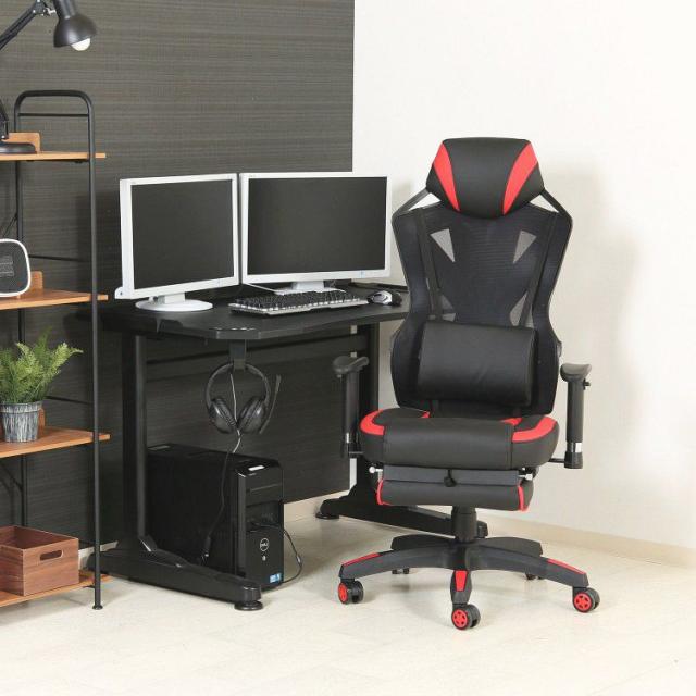 オフィスチェアー おしゃれ メッシュ フットレスト付き ゲーミングチェア PUレザー デスクチェア 椅子 レッドの通販は 13,968円