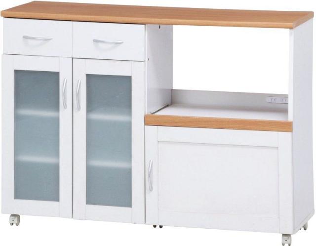 キッチンカウンター おしゃれ レンジボード 引き出しトレー キャスター付き 幅120×奥行39.5×高さ89cm ナチュラル×ホワイトの通販は 21,000円