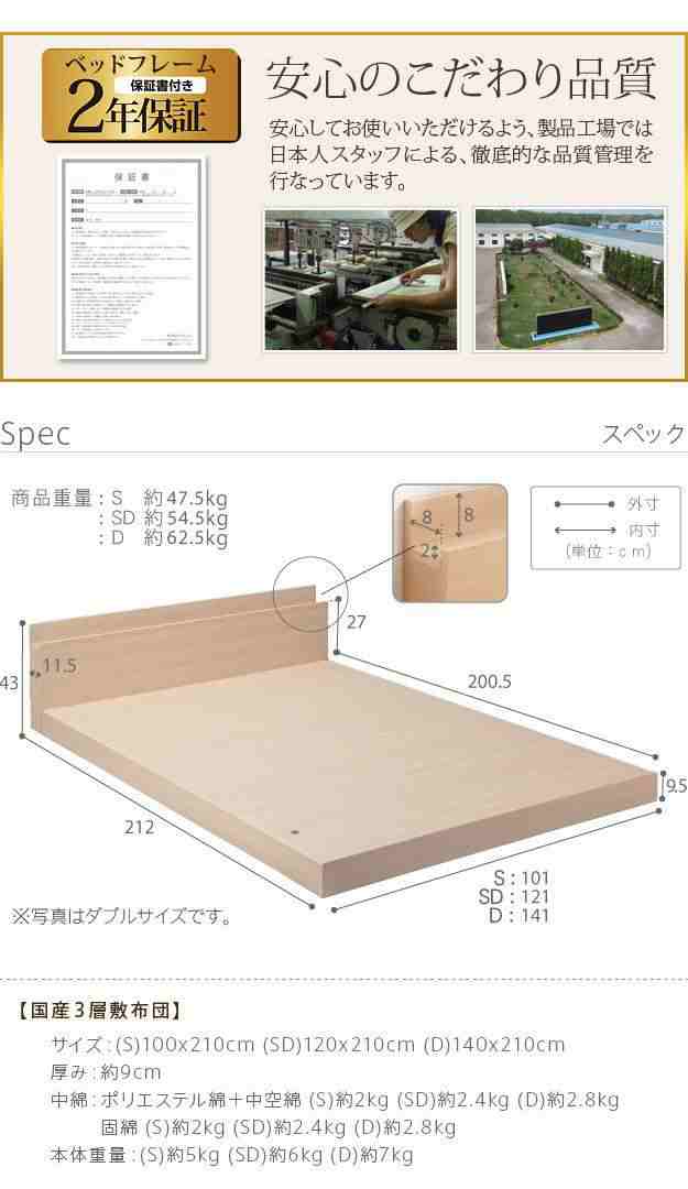 ローベッド セミダブルサイズ 同色2台+国産3層敷布団セット 家族揃って