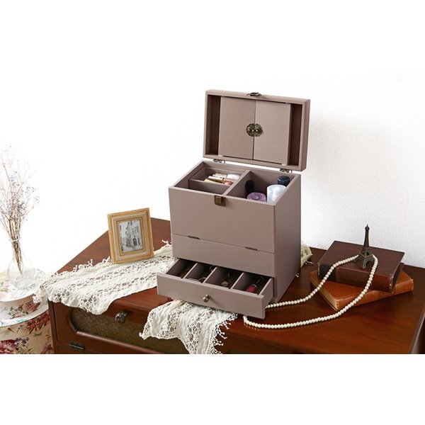 メイクボックス 化粧箱 コスメボックス 木製 鏡付き 大容量 三面鏡