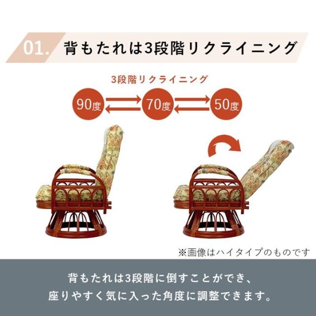 回転座椅子 高座椅子 肘掛け付き ハイバック ハイタイプ おしゃれ 籐 ラタン製 高齢者 3段階リクライニング 360度回転_2