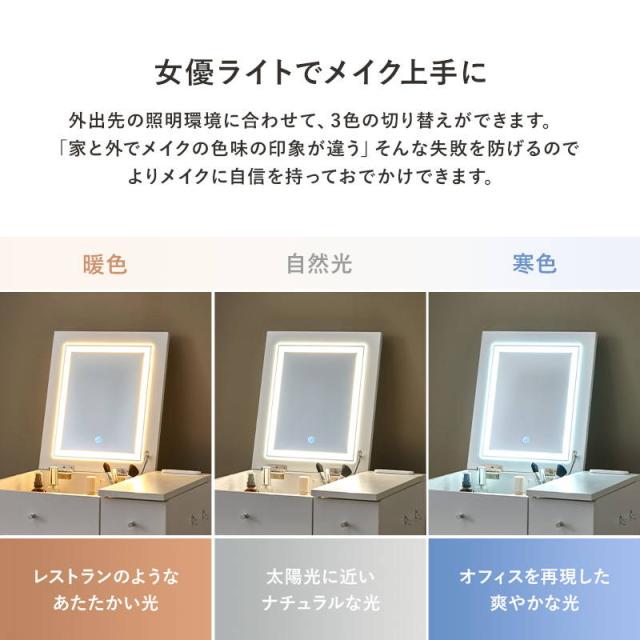 ドレッサーデスク スツールセット 幅51cm 机＆椅子セット 天板裏ミラー LED 女優ライト 2口コンセント付き_3