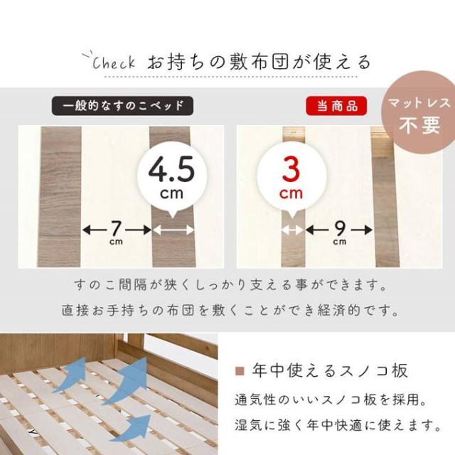 ロフトベッド シングル 頑丈 木製フレーム 天然木 敷き布団が使える すのこ床板 ベッド下113cm