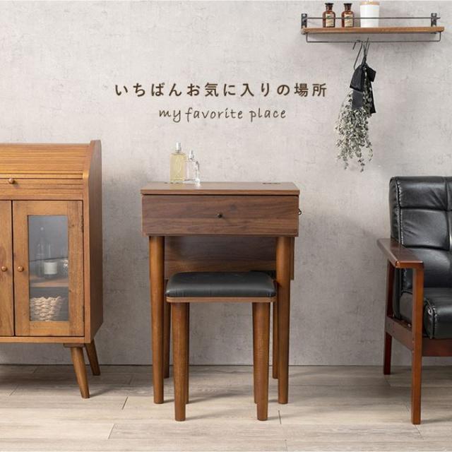 ドレッサーデスク 化粧台 鏡台 スツールセット 椅子 収納棚 2口コンセント 鏡 ミラー付き 天然木脚_13