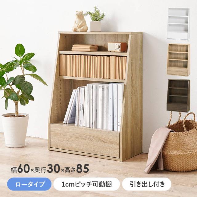 本棚 ブックラック 引き出し付き 収納棚 ロータイプ 幅60cm 可動棚2枚 漫画本 文庫本 DVD A4 絵本 書類 雑誌_1