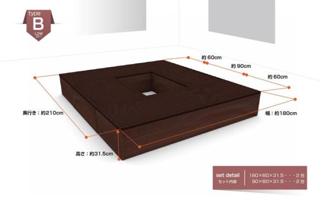 小上がり 樹脂畳ユニットセット ロータイプ 180x210x31.5cm 畳ユニット 高床式 収納 ユニット 畳 ユニット畳 ベンチ ベッド BOX ボックス スツール 堀こたつ たたみ タタミ_3
