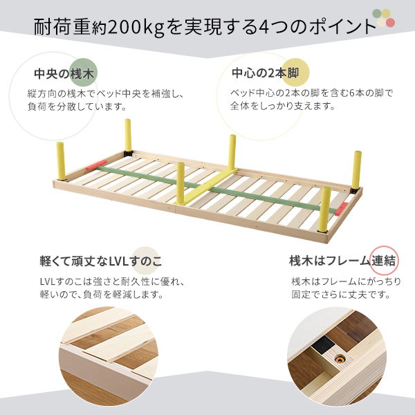すのこベッド ベッドフレーム シングル 北欧パイン材 2段階調整脚付き 木製 天然木 耐荷重200kg 低ホルムアルデヒド_9