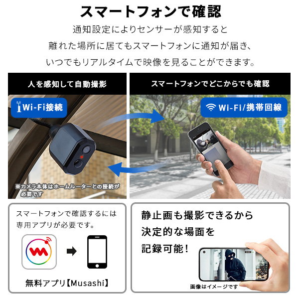 防犯カメラ 見守りカメラ センサーカメラ スマホ連動 Wi-Fi接続 防水 防雨タイプ 充電式 簡単設置 遠隔確認 盗難防止ワイヤーセット_10