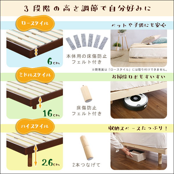 すのこベッド ベッドフレーム セミダブル Lilitta 天然木 木製 北欧産パイン材 高さ3段階継ぎ脚 簡易宮棚セット_4
