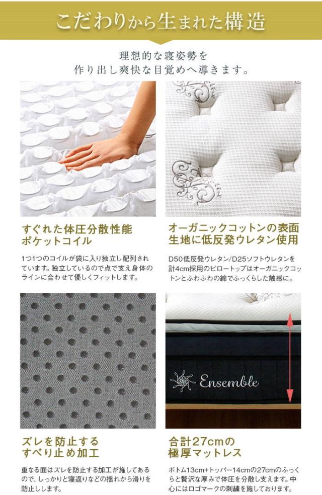 マットレス クイーン ピロートップ 3層構造 極厚ウレタン Ensemble メモリーフォームマットレス 厚さ27cm_8