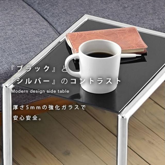 ベッドサイドテーブル スリム コの字型 ブラックガラス天板 キャスター付き 高さ調整_3