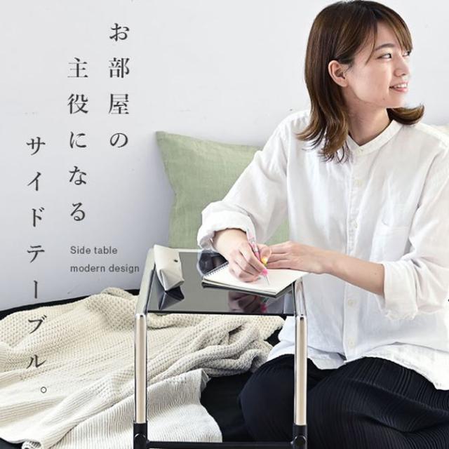 ベッドサイドテーブル スリム コの字型 ブラックガラス天板 キャスター付き 高さ調整_6