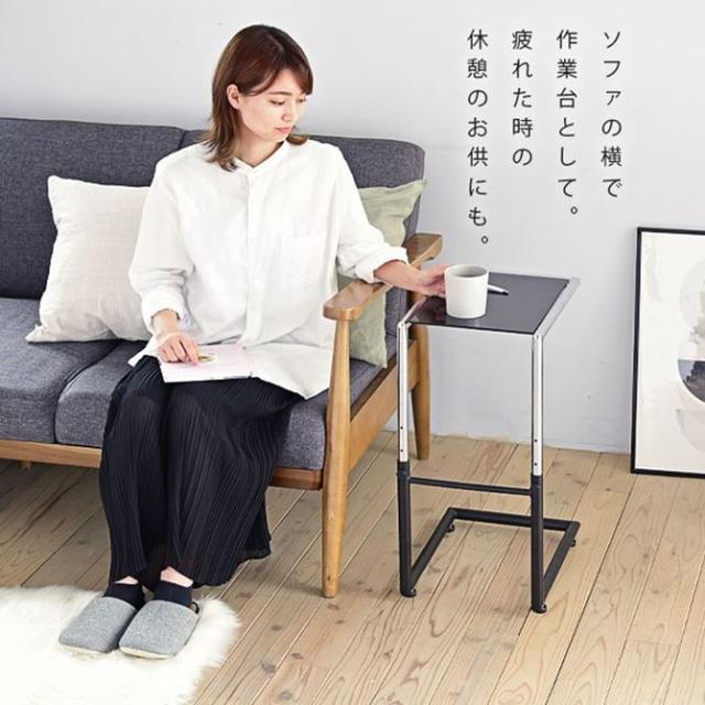 ベッドサイドテーブル スリム コの字型 ブラックガラス天板 キャスター付き 高さ調整_8