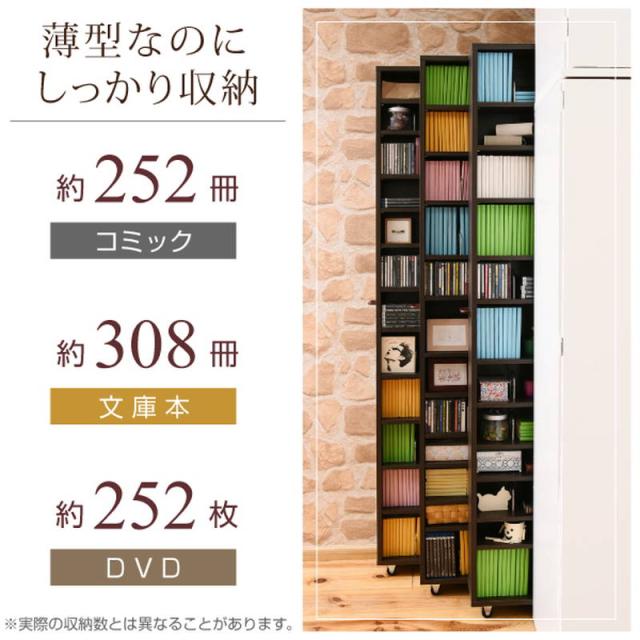隙間収納家具 本棚 漫画本 文庫本ラック 12段 1cmピッチ 可動棚 幅16.5cm 高さ200cm キャスター付き_2