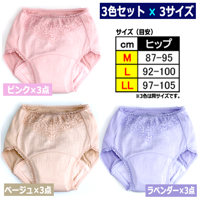 3色セット しっかり吸水する特許取得品！5層構造安心ショーツ 3色セット つたい漏れ 中失禁 レディース 下着 フロントレース ジャガード生地 日本製