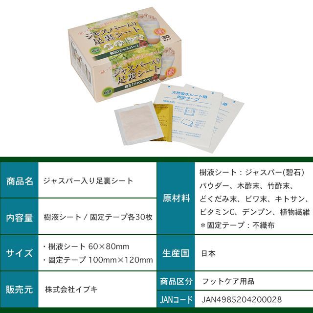 貼って寝るだけで翌朝スッキリ 「ジャスパー足裏シート」 (30枚 疲れ ムクミ 足裏健康法 樹液シート 遠赤外線 碧石 遠赤 足裏 樹液)