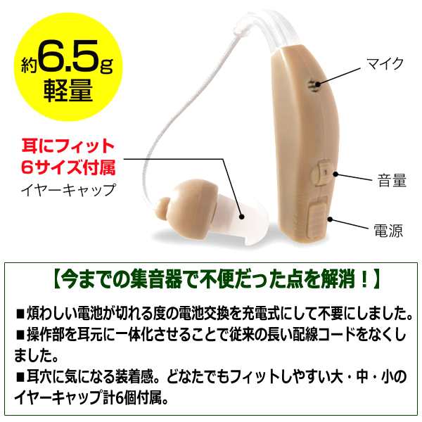 充電式集音器きこえ上手[2点]（左右兼用 耳かけ式 軽量 4段階音量調節式 最大10時間使用可能 イヤーキャップ付属 フィット 装着感  電池交の通販はau PAY マーケット - 株式会社ポニー