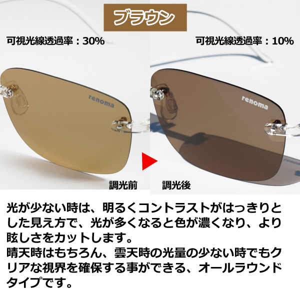 renomaレノマ超軽量 調光・偏光サングラス  (調光サングラス 男女兼用 7.5g UVカット 紫外線カット 目 ガード 紫外線99.9％カット)