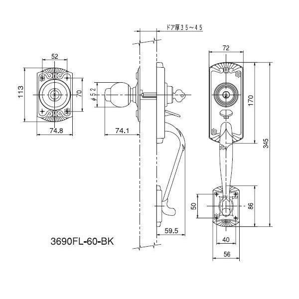 アルファ  4532757036415 エントランスロック フローレンス バックセット60mm 3690−FL−60−BK