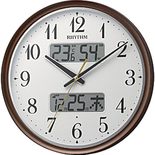 ＲＨＹＴＨＭ 8FYA04SR06 直送 電波 壁掛け時計 アナログ表示 温湿度計付き カレンダー 暗所自動点灯機能付き 連続秒針 ブラウン Φ３４４×５２ｍｍ_1