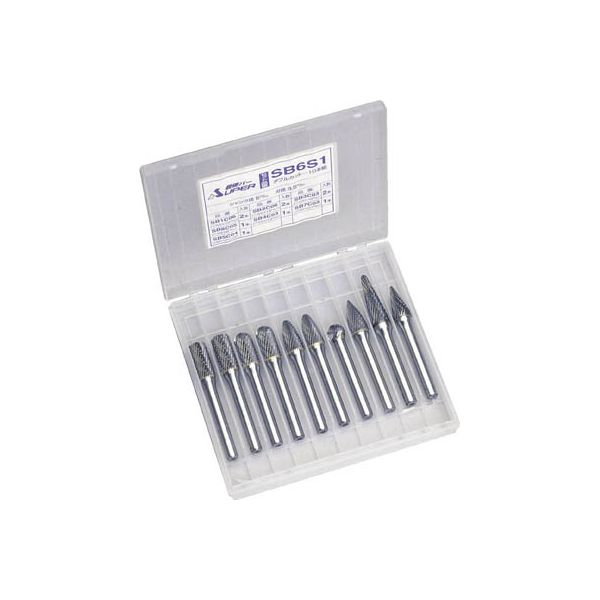 スーパーツール SB6S1 超硬バーセット シャンク径６ｍｍ、１０本組セット ７種類入 超硬バーシャンク径6ミリ 超硬刃にシャフトロー付 SUPの通販は