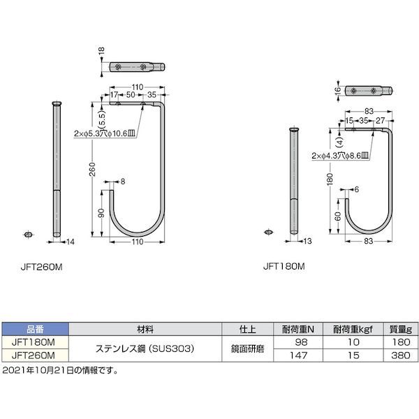スガツネ工業 ＬＡＭＰ JFT260M １１００２００８１ ＪＦＴ２６０Ｍ ステンレス鋼製ジャンボフック 440-3851_1