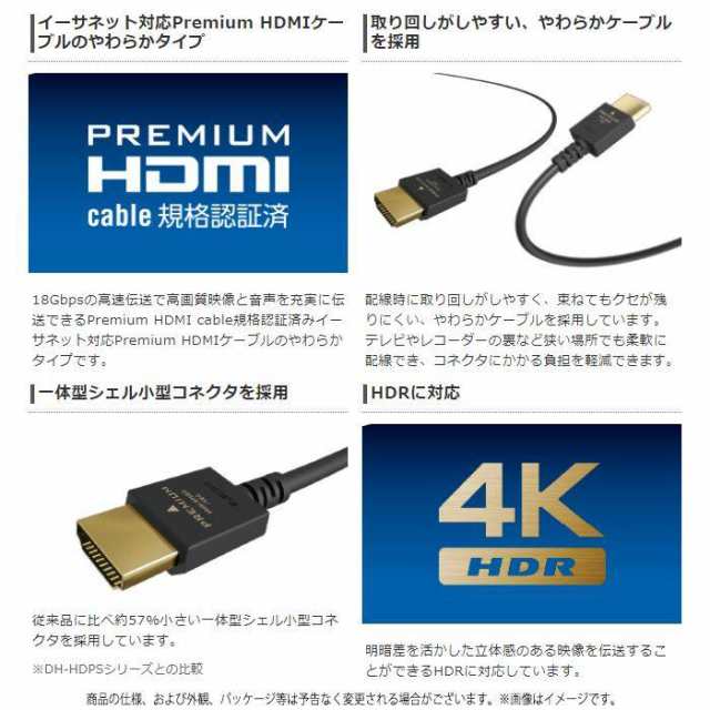 代引不可 ケーブル AV機器用 HDMIケーブル Premium HDMI ケーブル やわらか 1.0m 100cm ブラック 高速伝送 テレビ  AV機器 エレコム｜au PAY マーケット