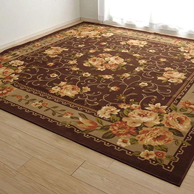 代引不可 カーペット ラグ ナイロンカーペット 約200×200cm 花柄 撥水カーペット ダイニングラグ 速乾 エレガント インテリア 敷 裏面不織布  IKEHIKO HSKY200200