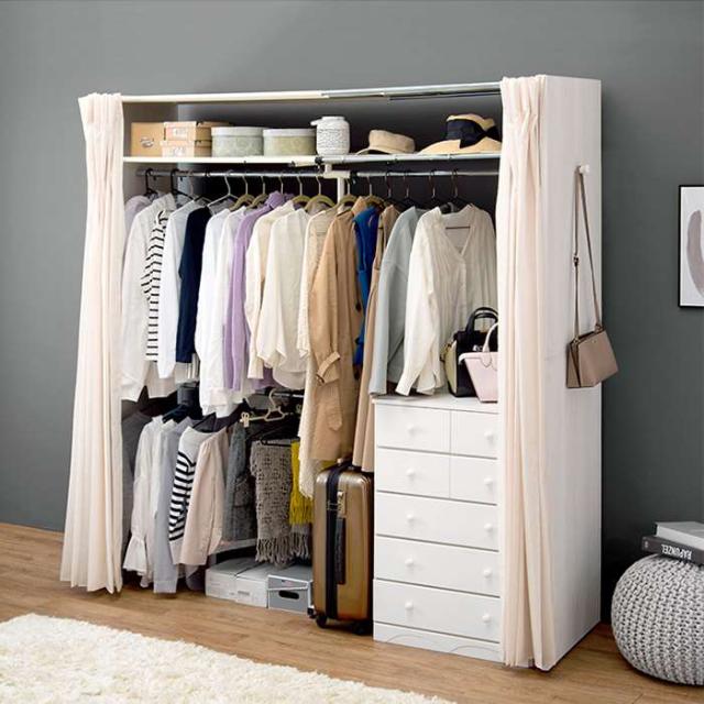 北海道・沖縄・離島配送不可 代引不可 伸縮クローゼット 伸縮可能 幅118〜195cm 高さ194cm クローゼットハンガー カーテン付き ワードローブ 衣類収納 大容量 収納 HAGIHARA VR-7243の通販は 17,561円