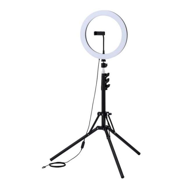 代引不可 LED リングライト 直径30cm 三脚 スタンド 74〜183cm 10段階調光 ライト 3色モード USB-A コネクタ ケーブル長2m スマホホルダー付 撮影用ライト ブラック エレコム DE-L09BK