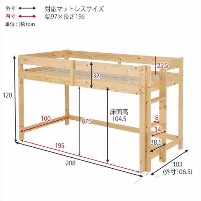 北海道・沖縄・離島配送不可 代引不可 ロフトベッド シングルサイズ 高さ120cm 垂直ハシゴ 省スペース HAGIHARA WB-7719