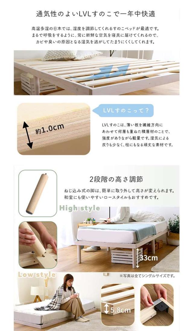 北海道・沖縄・離島配送不可 代引不可 すのこベッド ダブル ポケットコイル マットレスセット パイン材 高さ2段階調整 脚付き すのこベッド ホームテイスト ASP-SRM-D