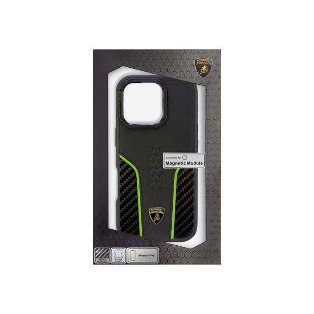 ランボルギーニ iPhone16 Pro用 本革＆カーボン 背面ケース エアージェイ LB-TPUPCMIP16P-HU/D21-GN
