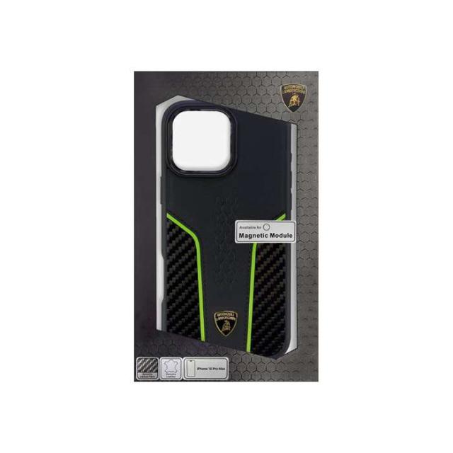 ランボルギーニ iPhone16 Pro Max用 本革＆カーボン 背面ケース エアージェイ LB-TPUPCMIP16PM-HU/D21-GN
