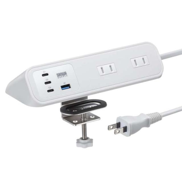 即納 代引不可 クランプくっ付ける式飲み口(AC4個口＋USB-C×3＋USB-A×1・PD65W・白いこと) サンワサプライ TAP-B114UC-2W