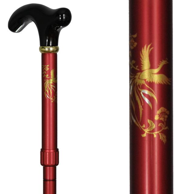 代引不可 アルミ製調節付・蒔絵仕上ステッキ(杖) 折り畳み伸縮タイプ 赤鳳凰 全長75-82.5cm(4段階調節)/重量330g/直径 上19/下16mm