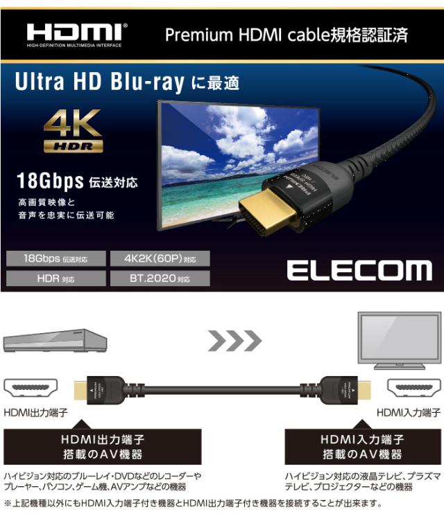 即納 代引不可 イーサネット対応 Premium HDMIケーブル 4K/UltraHD/Blu-rayに最適 18Gbpsの高速伝送 イーサネット対応 2.0m エレコム DH-HDP14E20BK HDMIケーブル