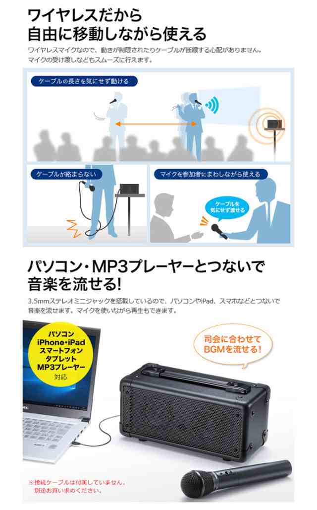 ワイヤレスマイク2本の同時使用に対応した会議や講義 イベントなどで手軽に使える拡声器スピーカー サンワサプライ Mm Spamp7の通販はau Pay マーケット やるcan