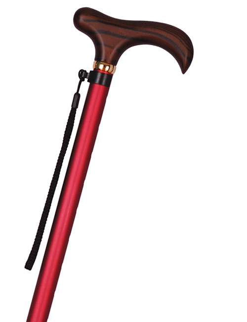 代引不可 アルミ長さ調節付3段スライドステッキ(杖) アルミ棒&木製手元 赤 全長69~93cm(10段階調節 収納時45cm)/重量245g 762