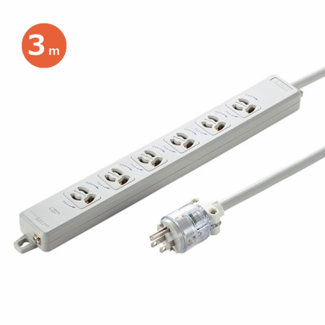 代引不可 電源タップ 医用ホスピタルグレードプラグ採用のマグネット付抜け止め電源タップ 3P 6個口 グレー 3m サンワサプライ TAP-HPM6-3Wの通販は