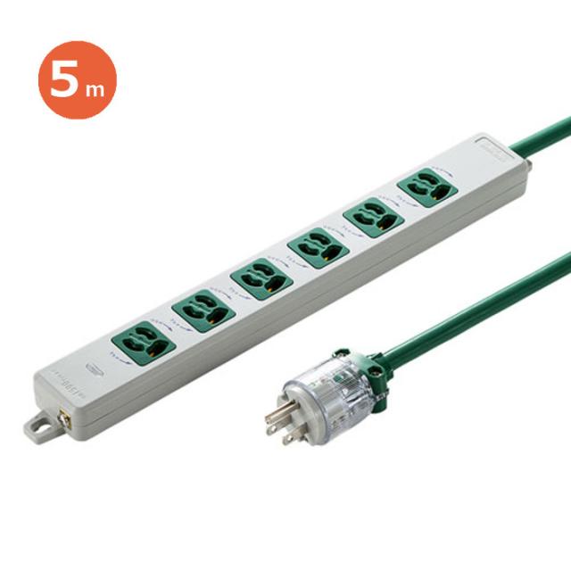 代引不可 電源タップ 医用ホスピタルグレードプラグ採用のマグネット付抜け止め電源タップ 3P 6個口 グリーン 5m サンワサプライ TAP-HPM6-5Gの通販は