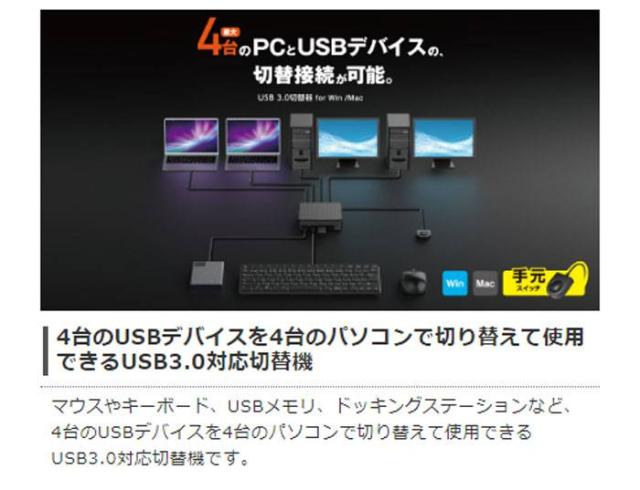 代引不可 USB切替機 PC×4台 USB3.0×4台 切替接続 Windows/Macintosh対応 手元スイッチ付 エレコム U3SW-T4_1