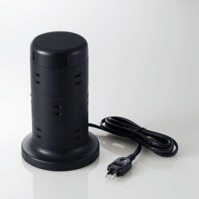 即納 代引不可 電源タップ 12個口 タワー型 USBタップ 2.0m USB-Aポート付 5ポート リビング オフィス ブラック エレコム TT-U02-1220BK
