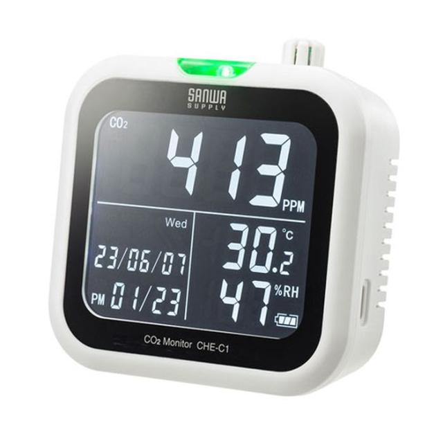 代引不可 CO2二酸化炭素測定器 温度/湿度計付 卓上タイプ デジタル温湿度計 換気のタイミングを音と光でお知らせ 居間 子供部屋 会社 施設 サンワサプライ CHE-C1