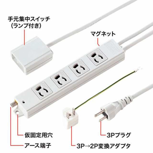 即納 代引不可 電源タップ 3P 4個口 3m 手元スイッチ付 抜け止めタップ