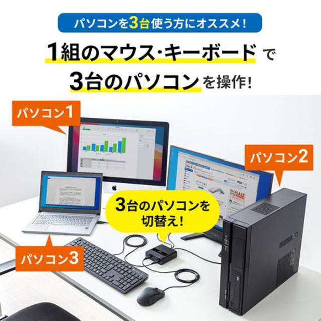 代引不可 パソコン切替器 ケーブル一体型 1組のUSBキーボード・USBマウスで3台のPC切替・操作 ホットキー切替対応 オフィス テレワーク サンワサプライ SW-KM3UU_2