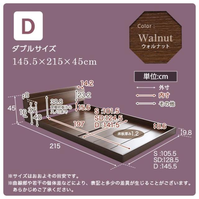 北海道・沖縄・離島配送不可 代引不可 デザインフロアベッド Dサイズ Falo 宮棚 2口コンセント 抗菌 防臭 ベッド フロアベッド 高級感 おしゃれ インテリア 家具 ウォルナット ホームテイスト MOD-D-WAL--TU_2
