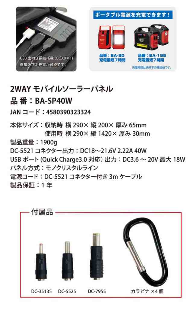 2WAY モバイルソーラーパネル 40W 急速充電可能 富士倉 BA-SP40W