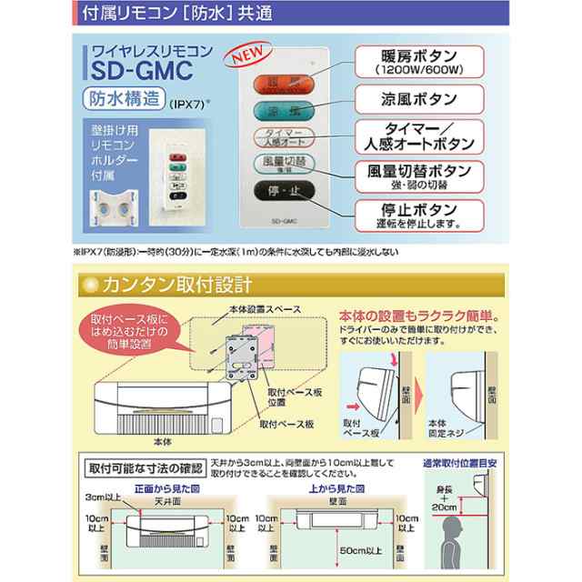 涼風暖房機 脱衣室・トイレ・小部屋用 非防水仕様 ワイヤレスリモコン付 涼風 暖房 高須産業 SDG-1200GSMの通販はau PAY マーケット  やるCAN au PAY マーケット－通販サイト