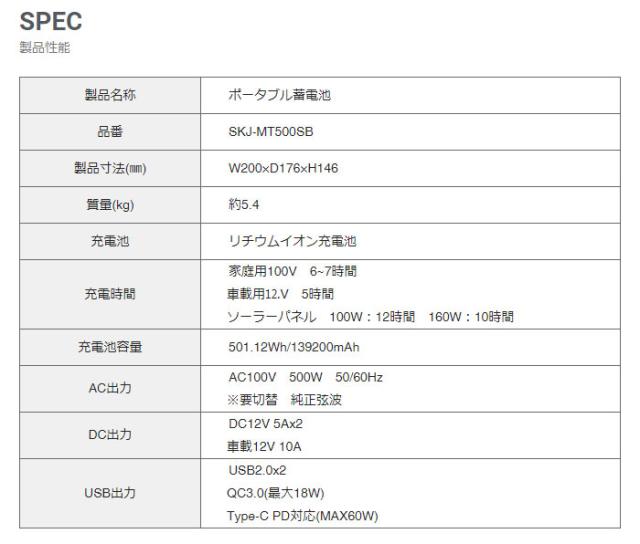 ポータブル電源 ポータブル蓄電池 500W AC DC USBの3WAY出力 139200mAh エスケイジャパン SKJ-MT500SB_3